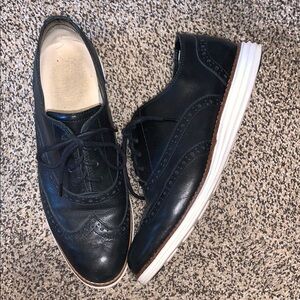 Cole Haan Grand OS Oxford Black Leather White Sole Dress Wingtip Sneakers 8.5